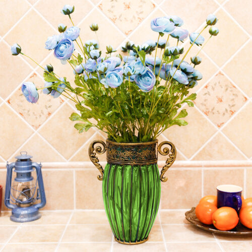 Green European Colored Glass Decor Jar Flower Vase with Two Metal Handle - Image 5