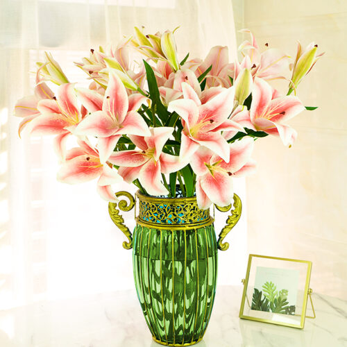 Green European Colored Glass Decor Jar Flower Vase with Two Metal Handle - Image 6
