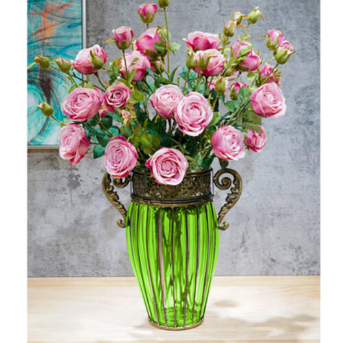 Green European Colored Glass Decor Jar Flower Vase with Two Metal Handle - Image 7
