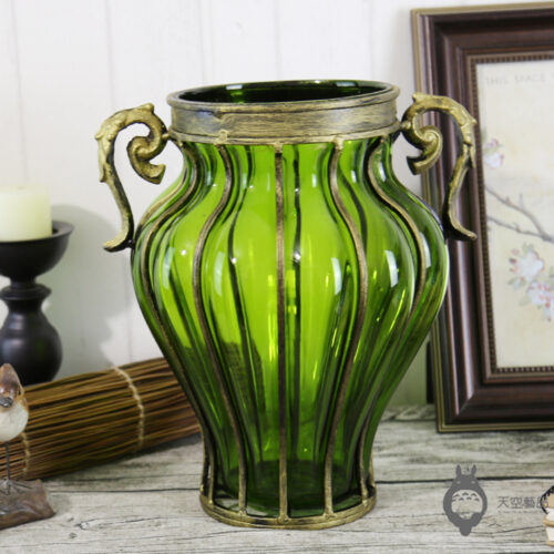Green Colored European Glass Decor Flower Vase with Two Metal Handle - Image 3
