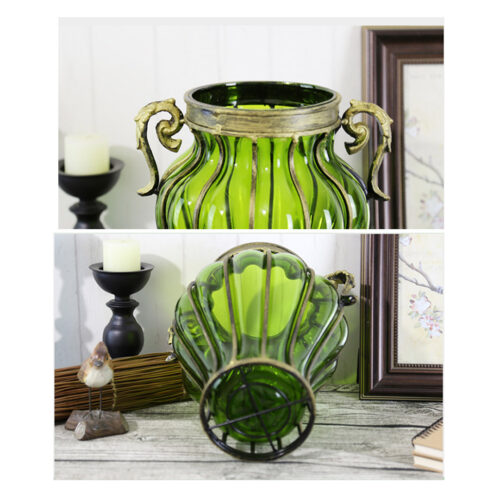 Green Colored European Glass Decor Flower Vase with Two Metal Handle - Image 4