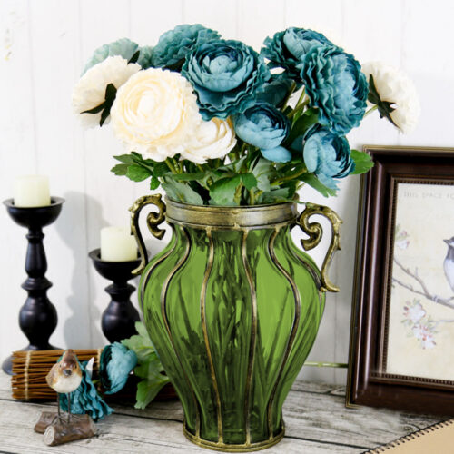 Green Colored European Glass Decor Flower Vase with Two Metal Handle - Image 5