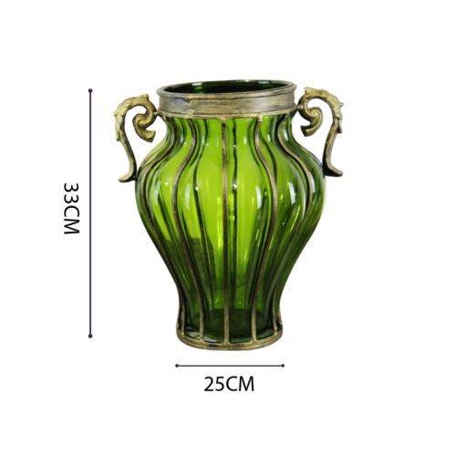 Green Colored European Glass Decor Flower Vase with Two Metal Handle - Image 6