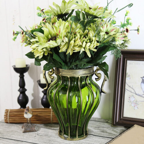 Green Colored European Glass Decor Flower Vase with Two Metal Handle - Image 7