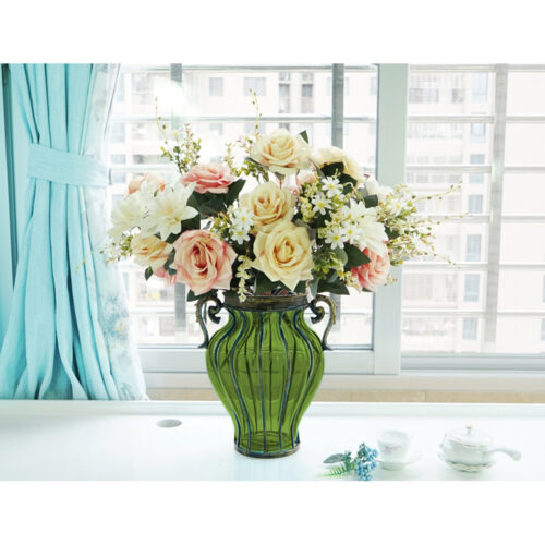 Green Colored European Glass Decor Flower Vase with Two Metal Handle - Image 9