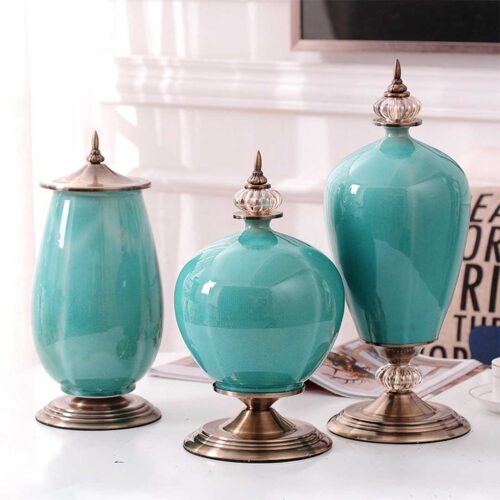 42.50cm Ceramic Oval Flower Vase with Gold Metal Base Dark Blue - Image 4