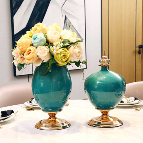 42.50cm Ceramic Oval Flower Vase with Gold Metal Base Dark Blue - Image 5