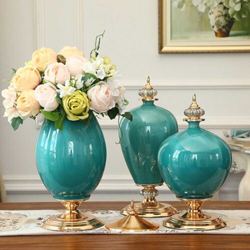 42.50cm Ceramic Oval Flower Vase with Gold Metal Base Dark Blue - Image 6