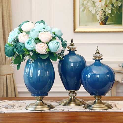 42.50cm Ceramic Oval Flower Vase with Gold Metal Base Dark Blue - Image 7