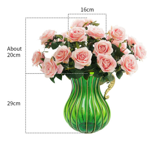 Green Colored Glass Flower Vase with 4 Bunch 9 Heads Artificial Fake Silk Rose Decor Set - Image 2