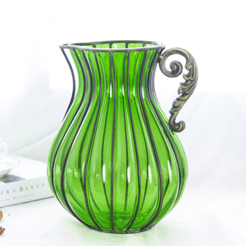 Green Colored Glass Flower Vase with 4 Bunch 9 Heads Artificial Fake Silk Rose Decor Set - Image 4