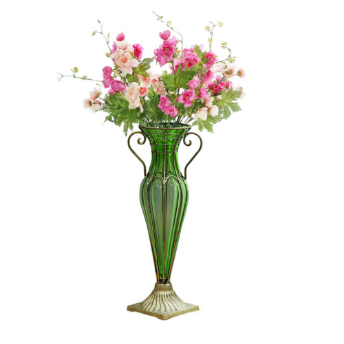 Green Colored European Glass Flower Vase Solid Base with Two Gold Metal Handle - Image 2