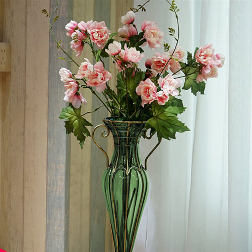 Green Colored European Glass Flower Vase Solid Base with Two Gold Metal Handle - Image 3