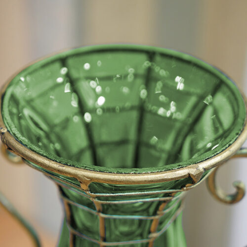 Green Colored European Glass Flower Vase Solid Base with Two Gold Metal Handle - Image 5