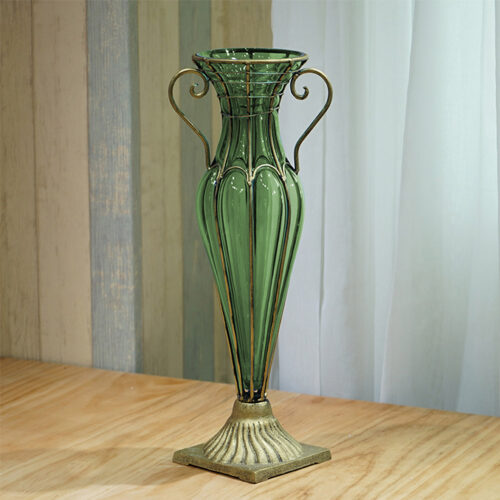 Green Colored European Glass Flower Vase Solid Base with Two Gold Metal Handle - Image 6