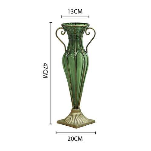 Green Colored European Glass Flower Vase Solid Base with Two Gold Metal Handle - Image 7