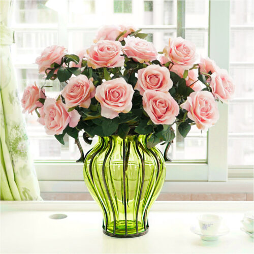 Green Colored Glass Flower Vase with 4 Bunch 9 Heads Artificial Fake Silk Rose Decor Set - Image 6