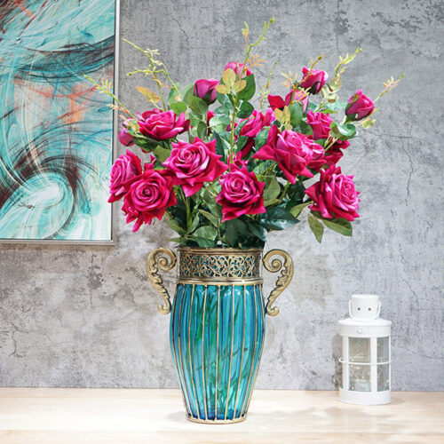 Blue Colored Glass Flower Vase with 8 Bunch 5 Heads Artificial Fake Silk Rose Decor Set - Image 6
