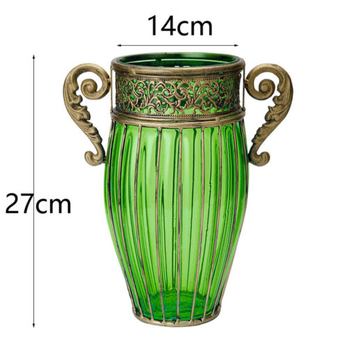 Green Glass Flower Vase with 8 Bunch 5 Heads Artificial Fake Silk Rose Decor Set - Image 2