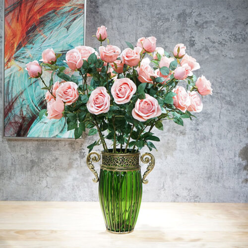 Green Glass Flower Vase with 8 Bunch 5 Heads Artificial Fake Silk Rose Decor Set - Image 6
