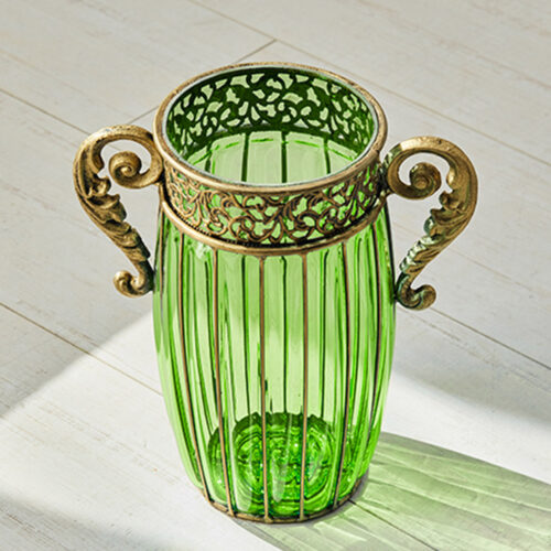 Green Glass Flower Vase with 8 Bunch 5 Heads Artificial Fake Silk Rose Decor Set - Image 7