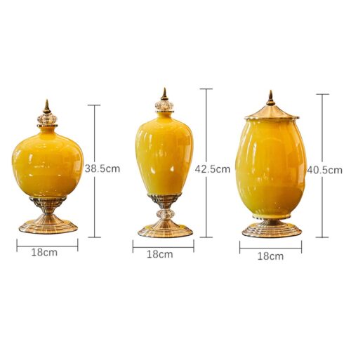 2x 40cm Ceramic Oval Flower Vase with Gold Metal Base Yellow - Image 2