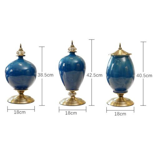 2x 38cm Ceramic Oval Flower Vase with Gold Metal Base Dark Blue - Image 2