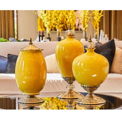 2x 38cm Ceramic Oval Flower Vase with Gold Metal Base Dark Blue - Image 8