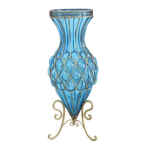 67cm Blue Glass Tall Floor Vase with Metal Flower Stand