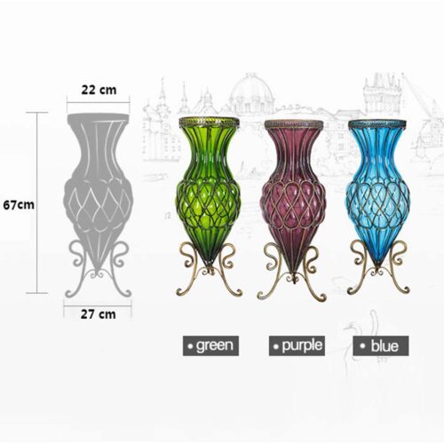 67cm Blue Glass Tall Floor Vase with Metal Flower Stand - Image 2