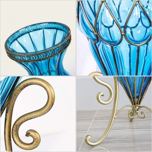 67cm Blue Glass Tall Floor Vase with Metal Flower Stand - Image 4