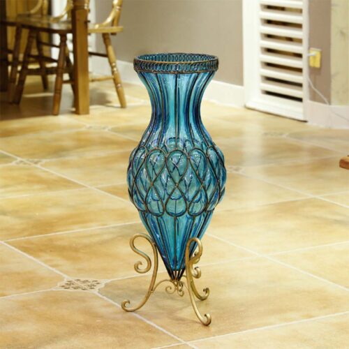 67cm Blue Glass Tall Floor Vase with Metal Flower Stand - Image 8