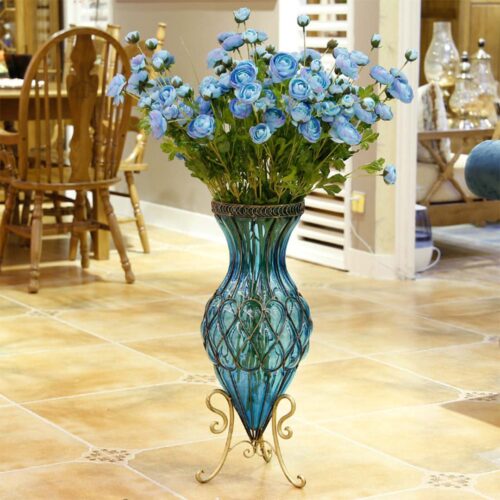 67cm Blue Glass Tall Floor Vase with Metal Flower Stand - Image 9