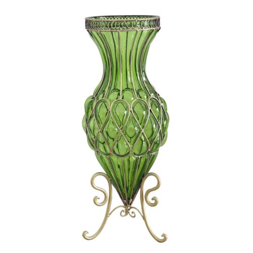67cm Green Glass Tall Floor Vase with Metal Flower Stand