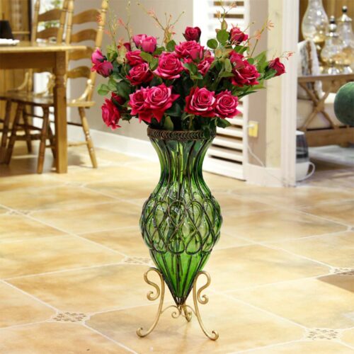 67cm Green Glass Tall Floor Vase with Metal Flower Stand - Image 9