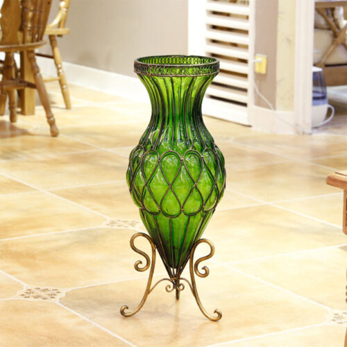 67cm Green Glass Tall Floor Vase with 10pcs White Artificial Fake Flower Set - Image 9
