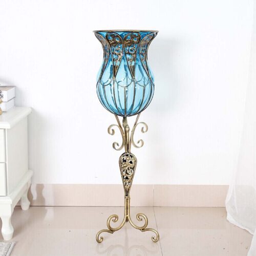 85cm Blue Glass Tall Floor Vase 12pcs Pink Artificial Fake Flower Set - Image 9