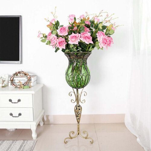 85cm Blue Glass Tall Floor Vase 12pcs Pink Artificial Fake Flower Set - Image 10