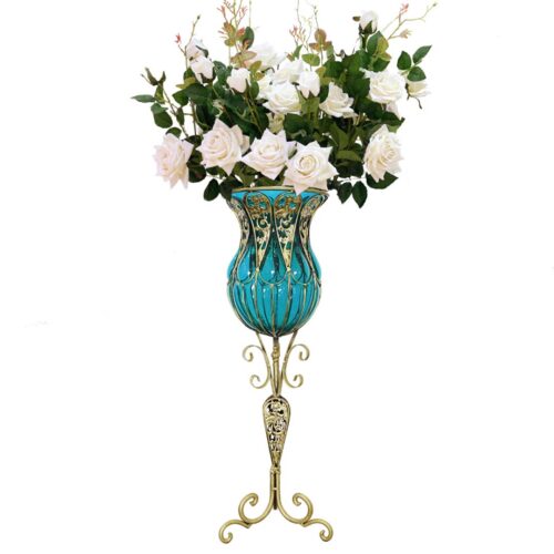 85cm Blue Glass Tall Floor Vase 12pcs White Artificial Fake Flower Set
