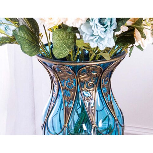 85cm Blue Glass Tall Floor Vase 12pcs White Artificial Fake Flower Set - Image 4