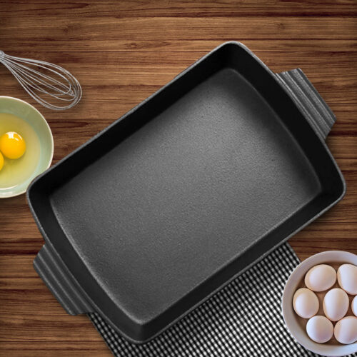 2x 33cm Cast Iron Rectangle Bread Cake Baking Dish Lasagna Roasting Pan - Image 2