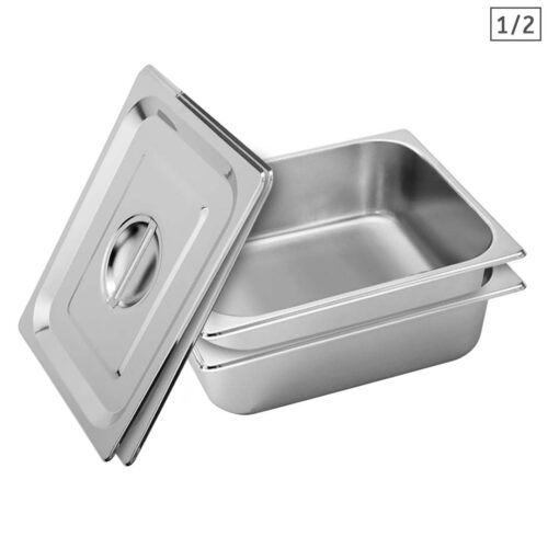 2x Gastronorm GN Pan Full Size 1/2 GN Pan 10cm Deep Stainless Steel Tray with Lid