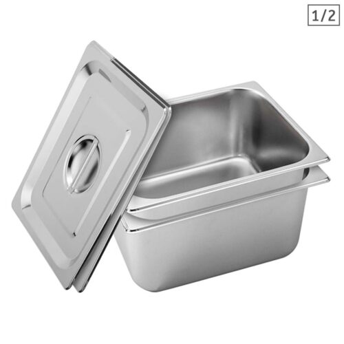 2x Gastronorm GN Pan Full Size 1/2 GN Pan 20cm Deep Stainless Steel Tray with Lid