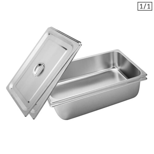 2x Gastronorm GN Pan Full Size 1/1 GN Pan 15cm Deep Stainless Steel Tray with Lid