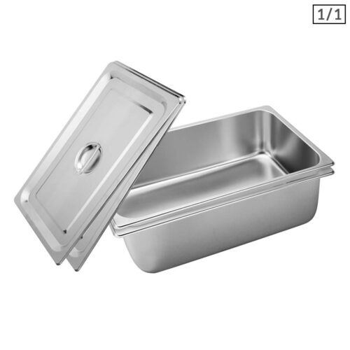 2x Gastronorm GN Pan Full Size 1/1 GN Pan 20cm Deep Stainless Steel Tray with Lid