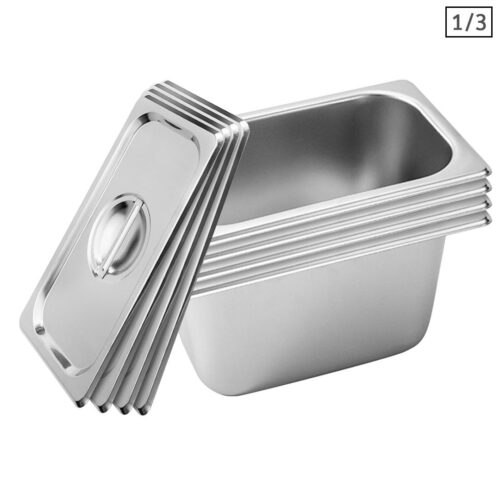 4x Gastronorm GN Pan Full Size 1/3 GN Pan 15cm Deep Stainless Steel Tray with Lid