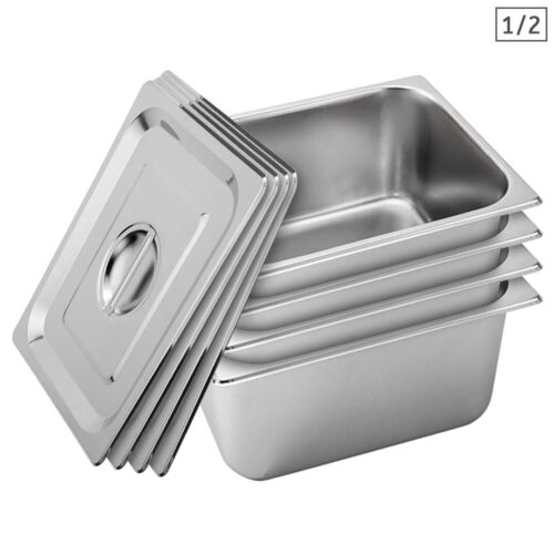 4x Gastronorm GN Pan Full Size 1/2 GN Pan 20cm Deep Stainless Steel Tray with Lid