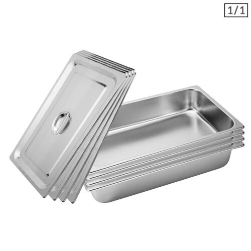 4x Gastronorm GN Pan Full Size 1/1 GN Pan 10cm Deep Stainless Steel Tray with Lid
