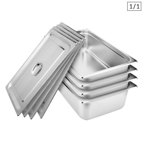 4x Gastronorm GN Pan Full Size 1/1 GN Pan 15cm Deep Stainless Steel Tray with Lid