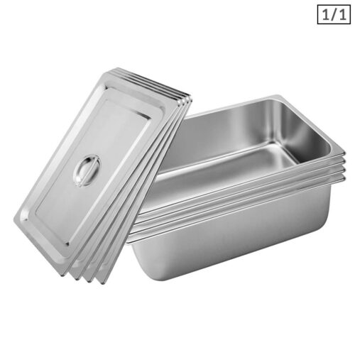 4x Gastronorm GN Pan Full Size 1/1 GN Pan 20cm Deep Stainless Steel Tray with Lid